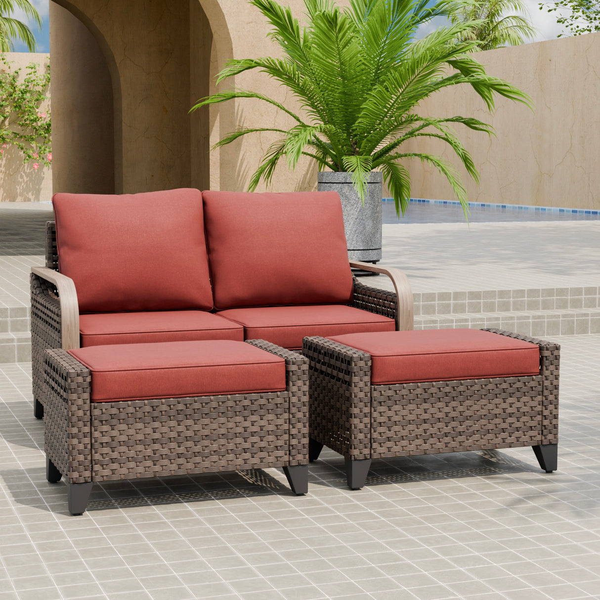 Modern Wicker Outdoor 3 Pieces Patio Furniture Set, 2-Seat Loveseat and 2 Ottoman