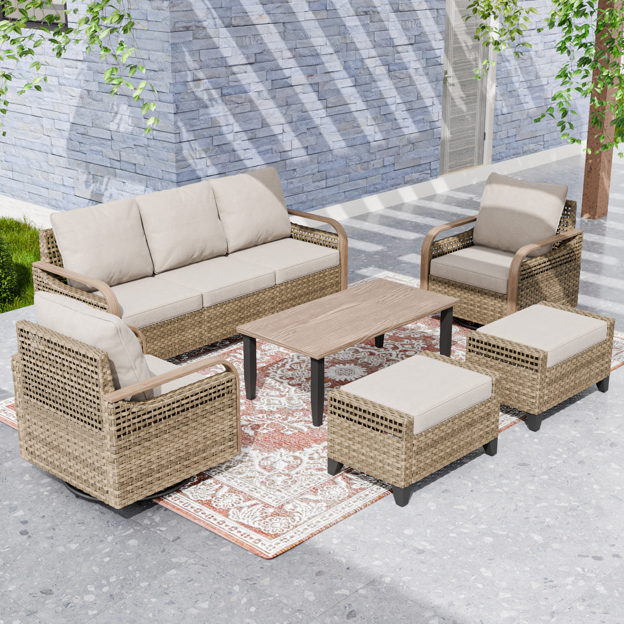Modern Wicker Outdoor Patio Furniture Set,2 Swivel Rocking Chairs, 3-Seat Loveseat, 2 Ottomans and Coffee Table, 6 Pieces, Brown/Gray
