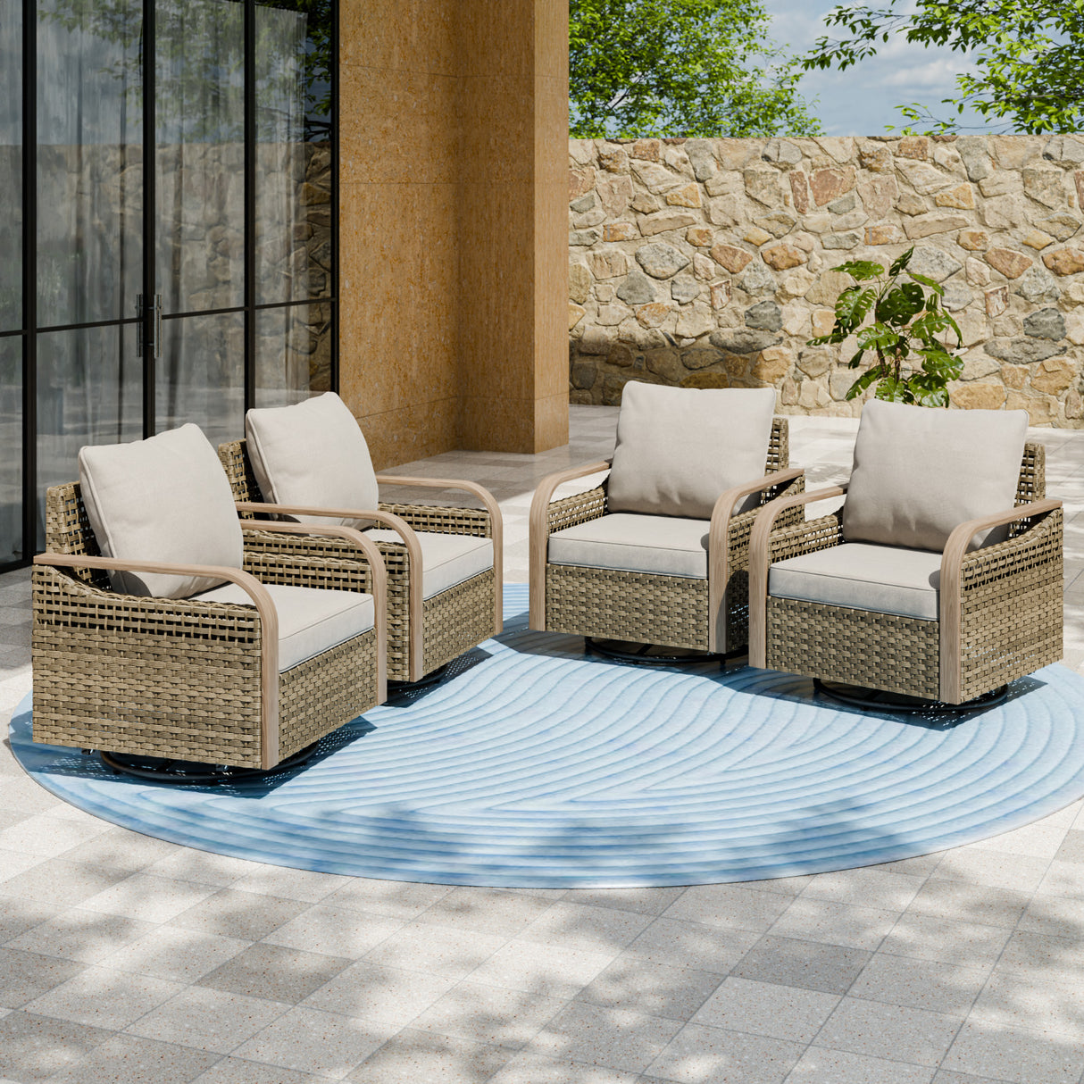 Modern Wicker Outdoor Glider Rocking Chair,4 Chairs, Brown/Gray