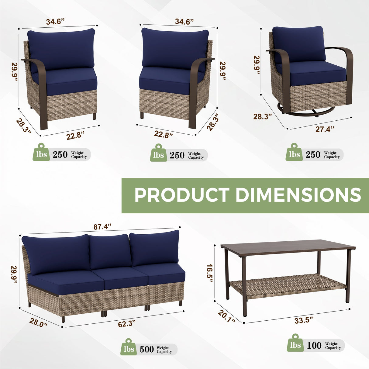 Coastal Vista Outdoor Patio Furniture Set w/Swivel Rocker Chairs, Seats 7 - Eagle Peak Custom Canopy Tent