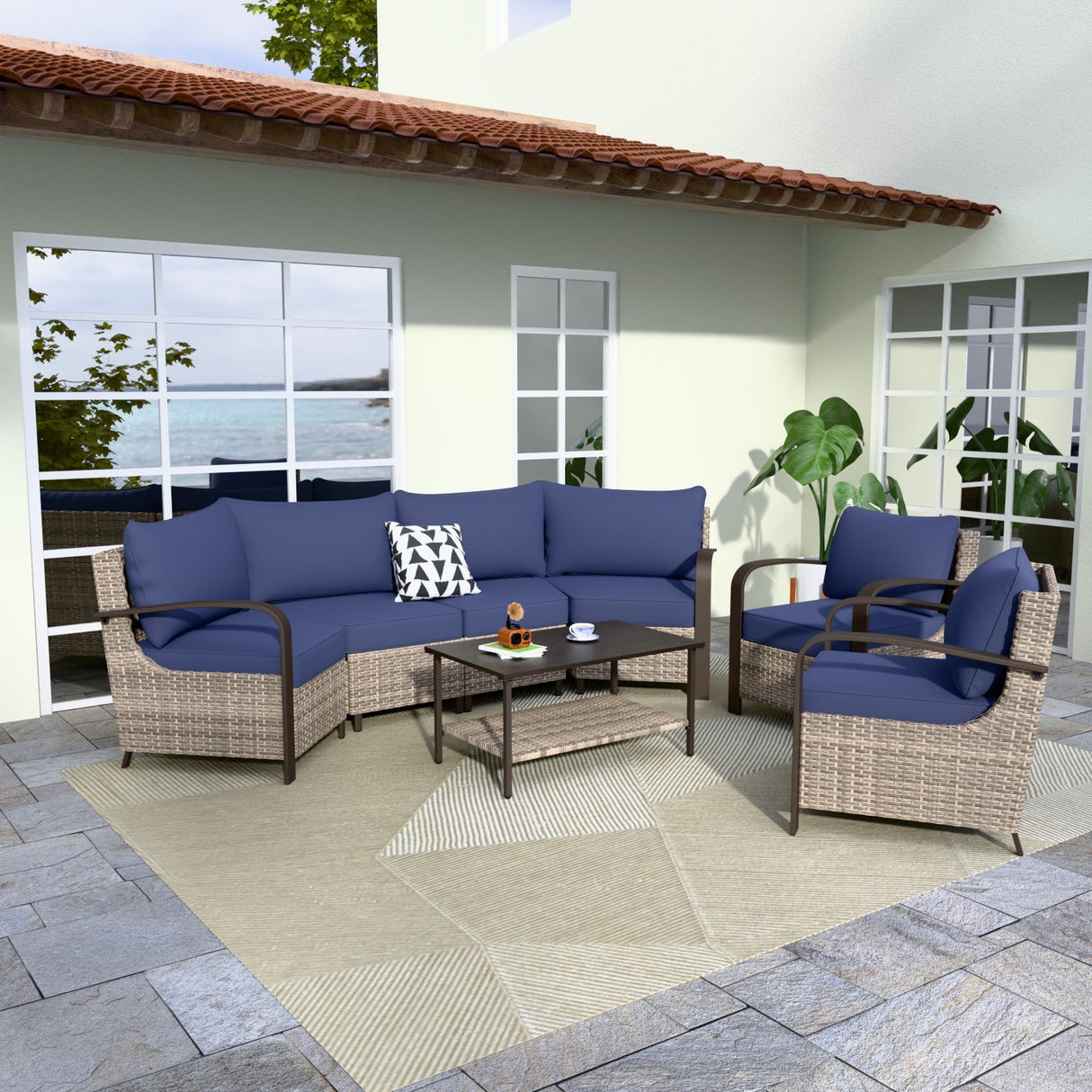 Coastal Vista Patio Furniture Set w/Curved Sectional Sofas, Coffee Table, Chairs - Eagle Peak Custom Canopy Tent