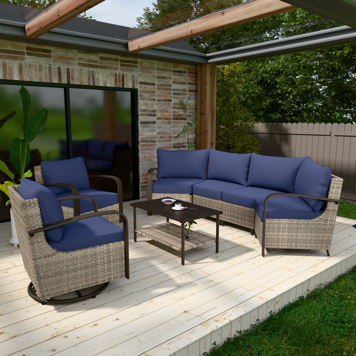 Coastal Vista Patio Furniture Set w/Swivel Rocker Chairs, Seats 6 - Eagle Peak Custom Canopy Tent