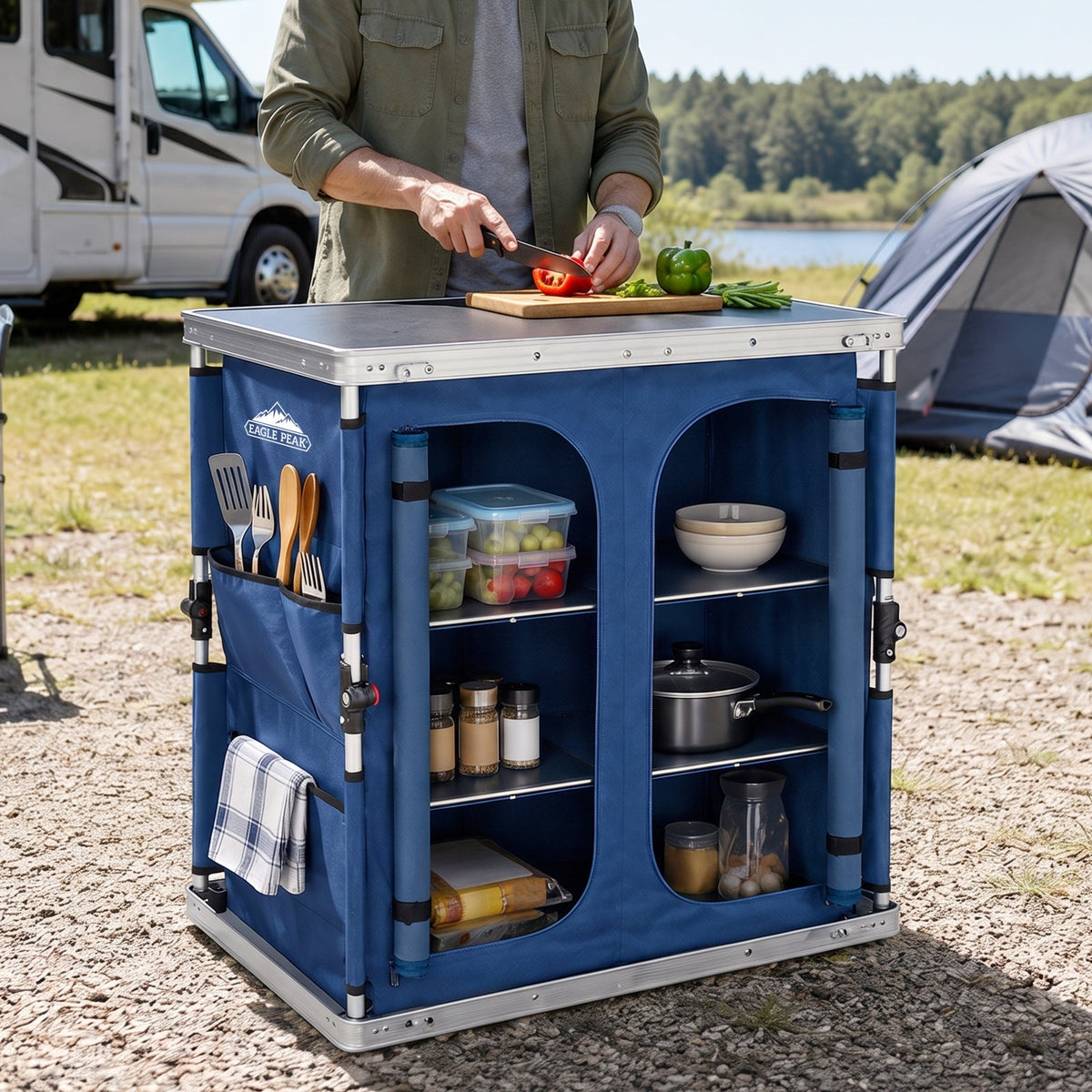 Double Camping Folding Table with Storage Organizer and Side Pockets - Eagle Peak®
