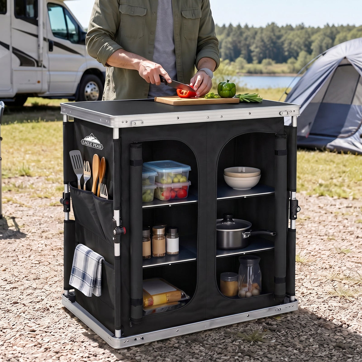 Double Camping Folding Table with Storage Organizer and Side Pockets - Eagle Peak®