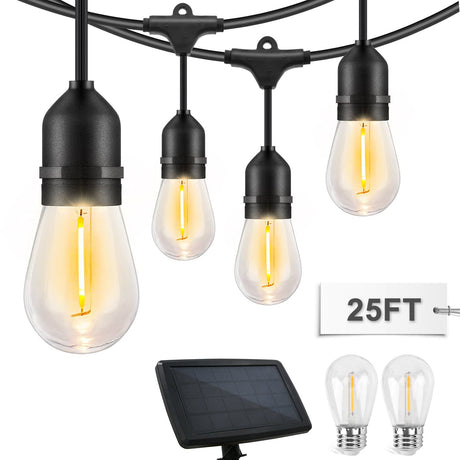 EAGLE PEAK 25 FT S14 Solar - Powered String Lights, IP65, 10 Shatterproof Edison Vintage Bulbs (2 Spare) for Outdoors, 10 Hanging Sockets, Decorative Lights for Christmas, Patio, Garden, Wedding, Party, and Pool - Eagle Peak Canopy and Outdoor Products