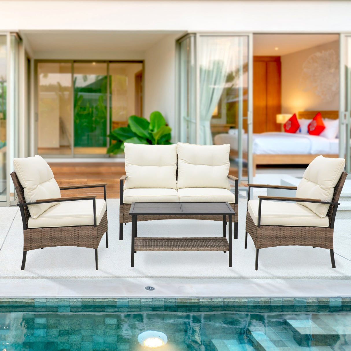 EAGLE PEAK 4 - Piece Outdoor Rattan Conversation Sofa Set with Steel Coffee Table - Eagle Peak Canopy and Outdoor Products