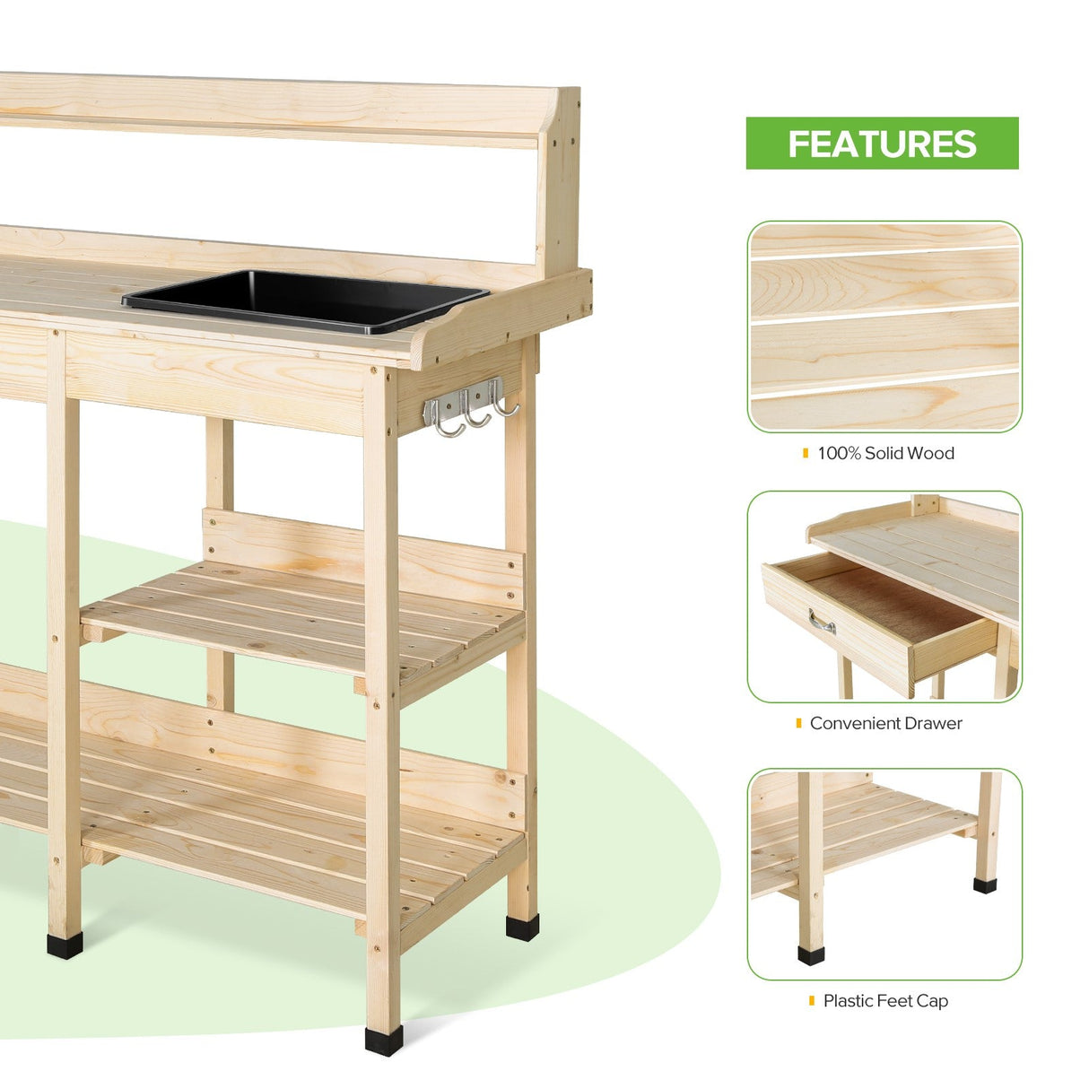 EAGLE PEAK Outdoor Garden Potting Bench Wooden Work Station Table with Removable Dry Sink, Storage Shelf, Handy Hook - Eagle Peak Custom Canopy Tent