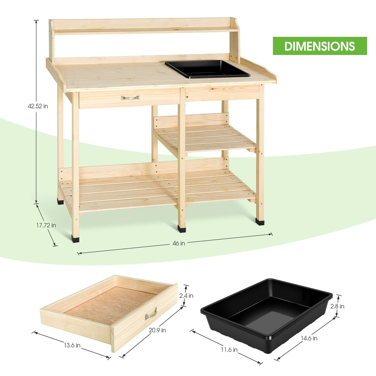 EAGLE PEAK Outdoor Garden Potting Bench Wooden Work Station Table with Removable Dry Sink, Storage Shelf, Handy Hook - Eagle Peak Custom Canopy Tent