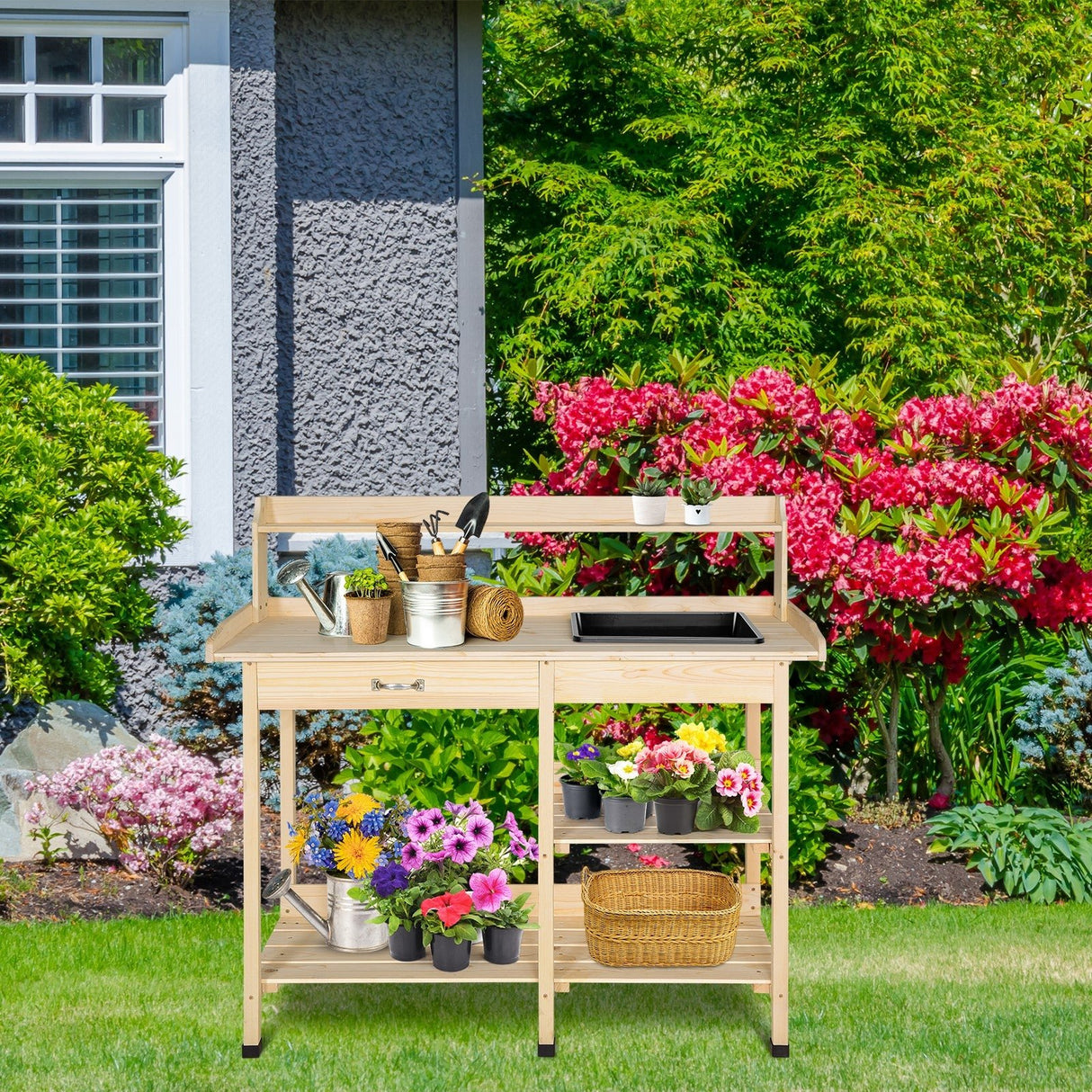EAGLE PEAK Outdoor Garden Potting Bench Wooden Work Station Table with Removable Dry Sink, Storage Shelf, Handy Hook - Eagle Peak Custom Canopy Tent