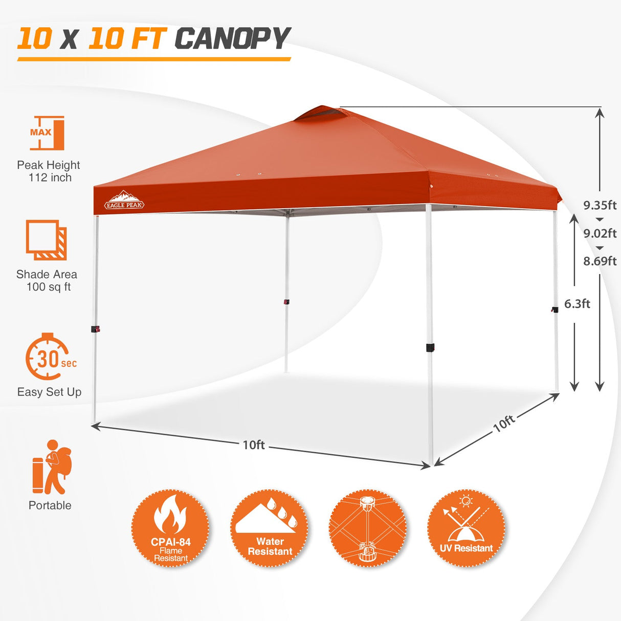 Easy Setup Straight Leg 10x10 Pop Up Canopy Tent w/ 100 sqft of Shade - Eagle Peak Custom Canopy Tent