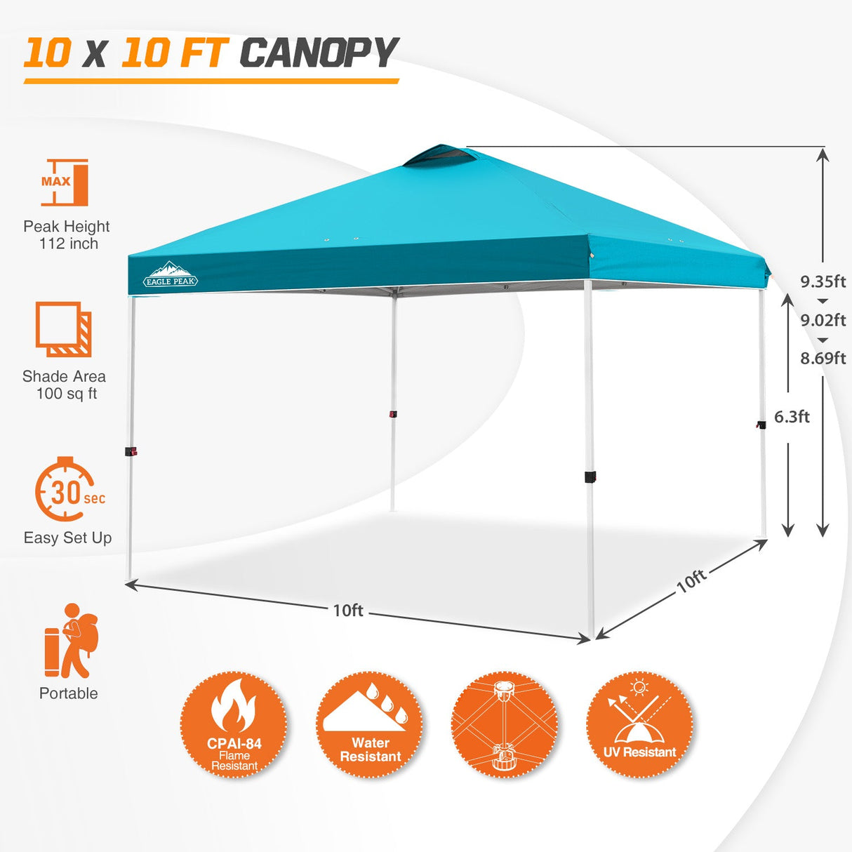 Easy Setup Straight Leg 10x10 Pop Up Canopy Tent w/ 100 sqft of Shade - Eagle Peak Custom Canopy Tent