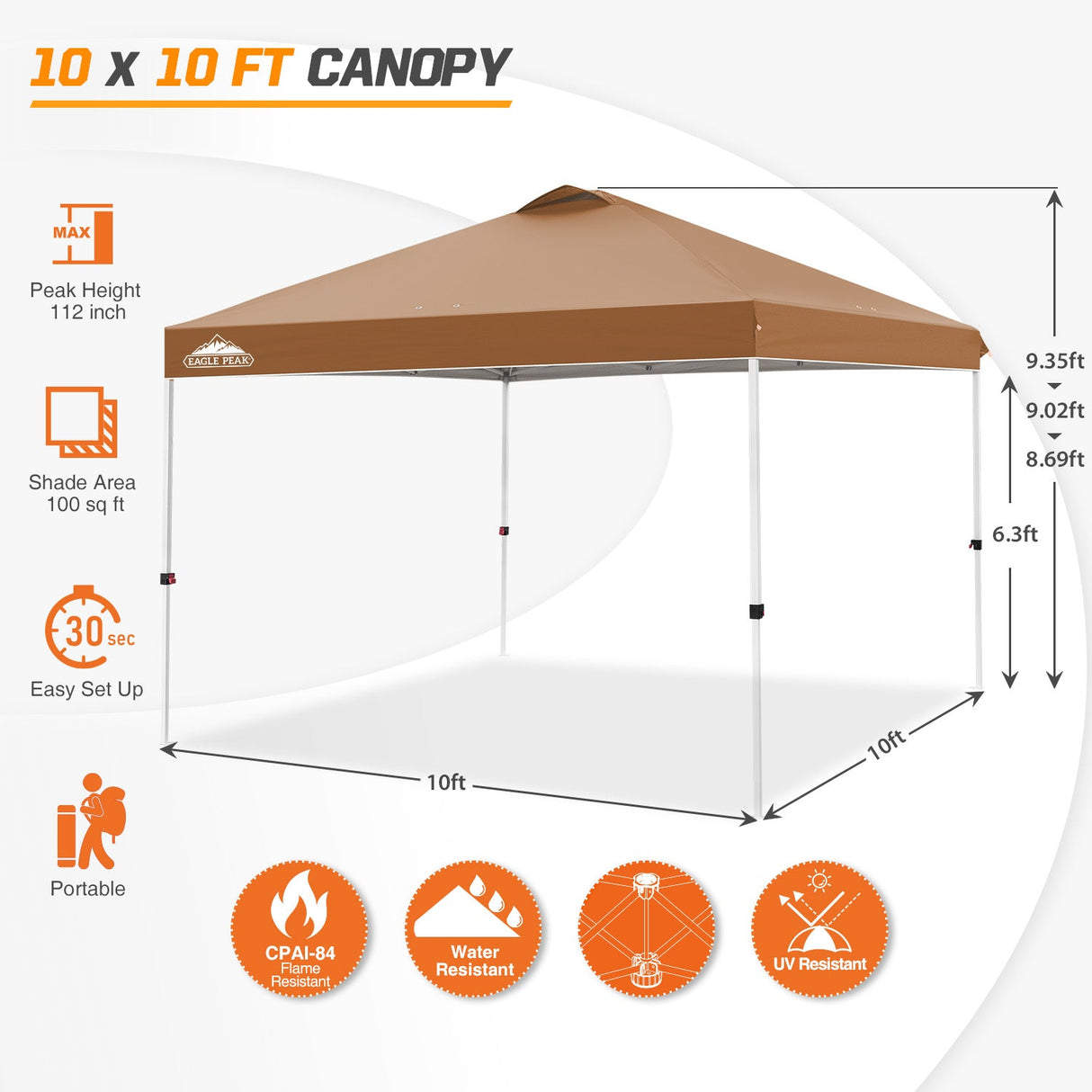 Easy Setup Straight Leg 10x10 Pop Up Canopy Tent w/ 100 sqft of Shade - Eagle Peak Custom Canopy Tent