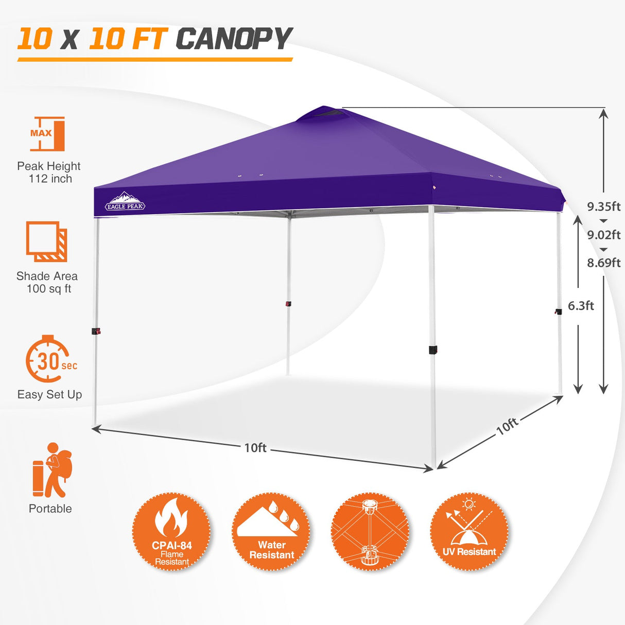 Easy Setup Straight Leg 10x10 Pop Up Canopy Tent w/ 100 sqft of Shade - Eagle Peak Custom Canopy Tent