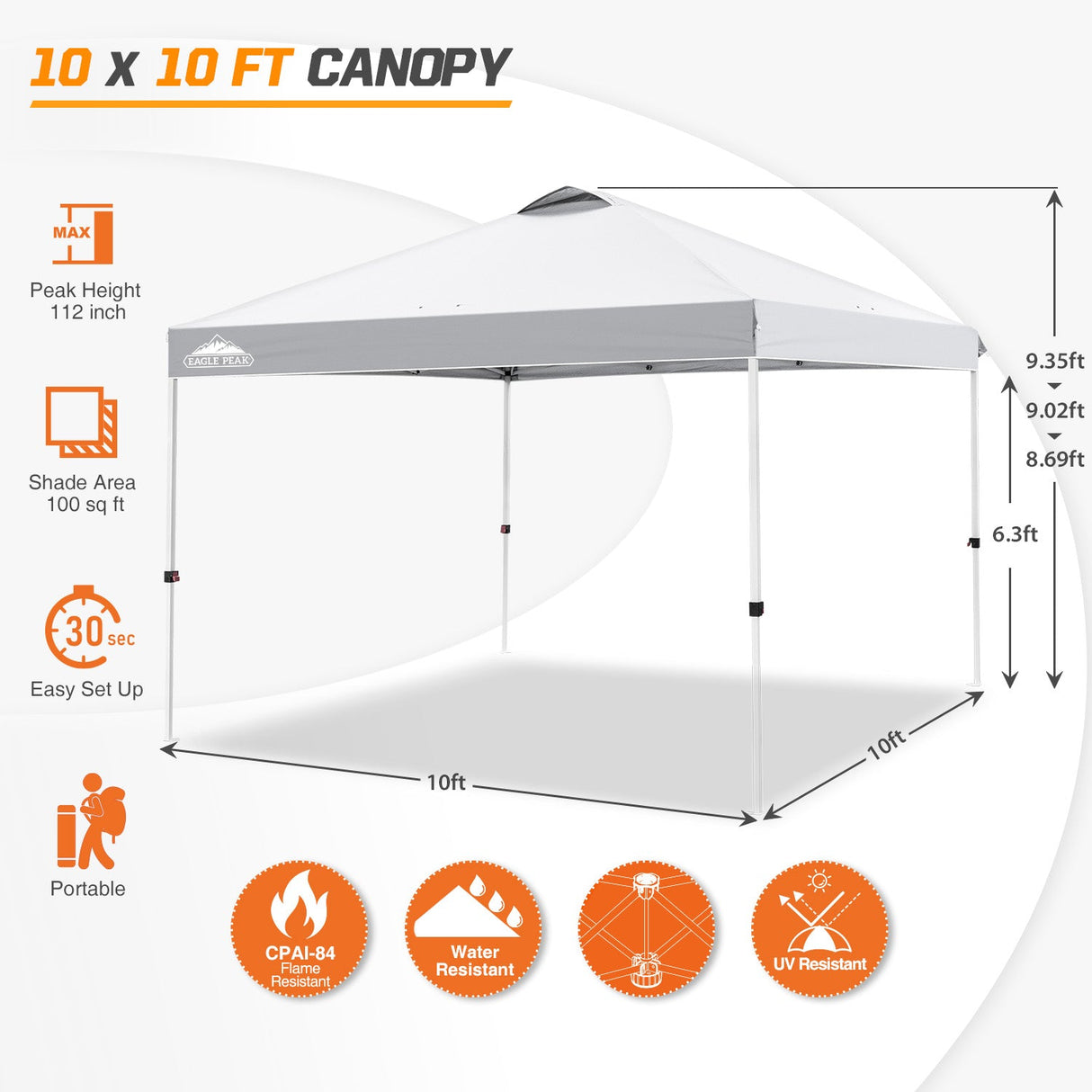 Easy Setup Straight Leg 10x10 Pop Up Canopy Tent w/ 100 sqft of Shade - Eagle Peak Custom Canopy Tent
