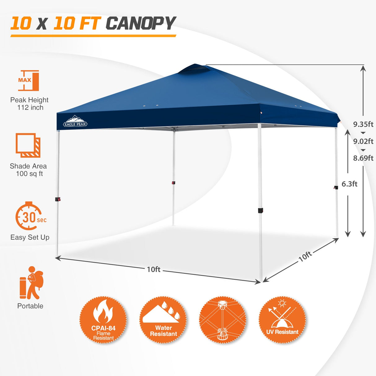 Easy Setup Straight Leg 10x10 Pop Up Canopy Tent w/ 100 sqft of Shade - Eagle Peak Custom Canopy Tent