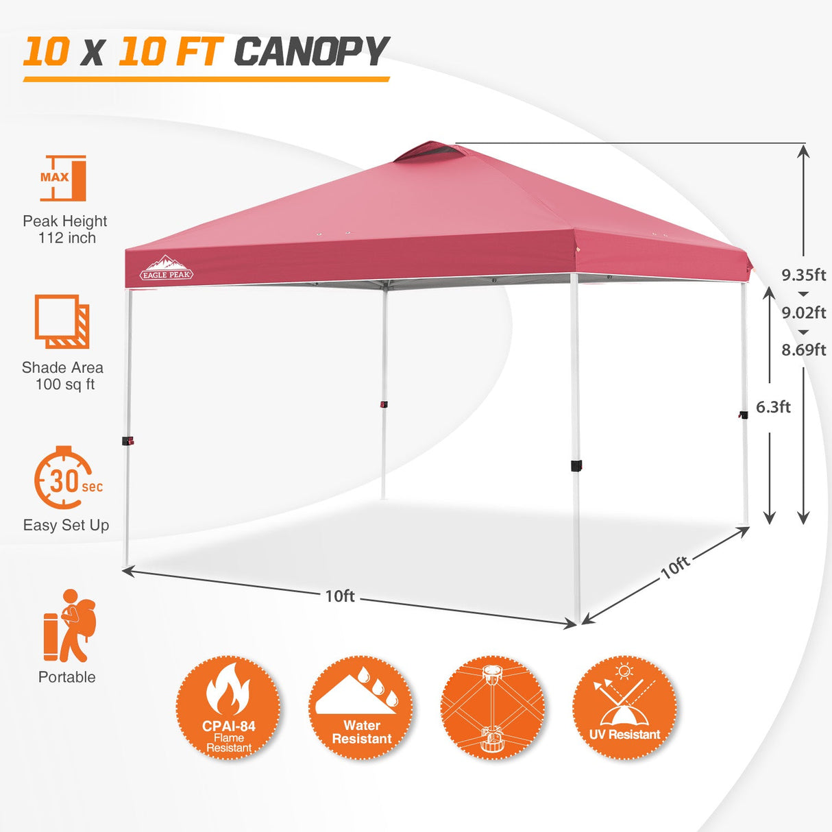 Easy Setup Straight Leg 10x10 Pop Up Canopy Tent w/ 100 sqft of Shade - Eagle Peak Custom Canopy Tent