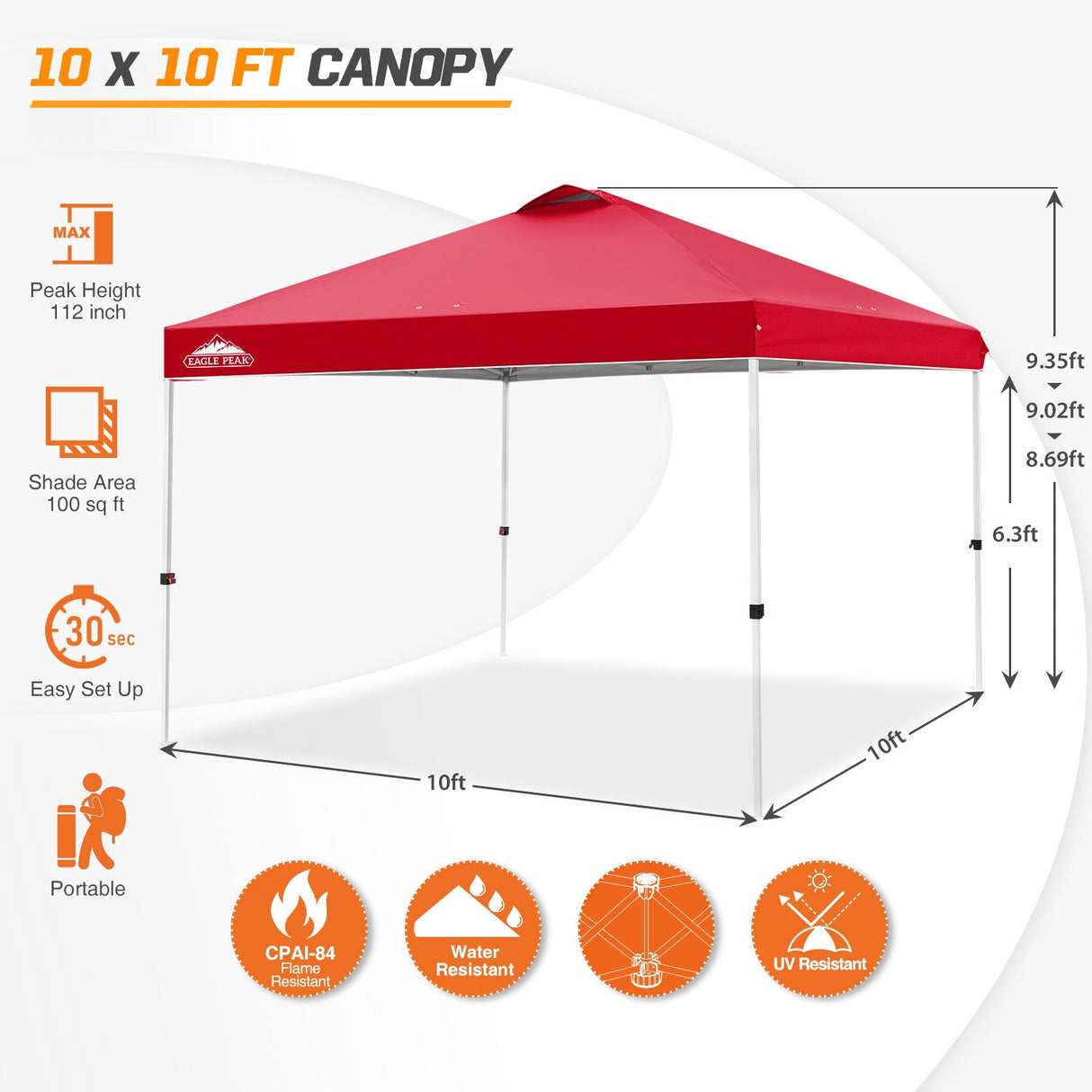 Easy Setup Straight Leg 10x10 Pop Up Canopy Tent w/ 100 sqft of Shade - Eagle Peak Custom Canopy Tent