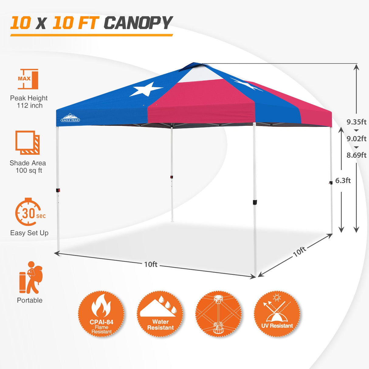Easy Setup Straight Leg 10x10 Pop Up Canopy Tent w/ 100 sqft of Shade - Eagle Peak Custom Canopy Tent