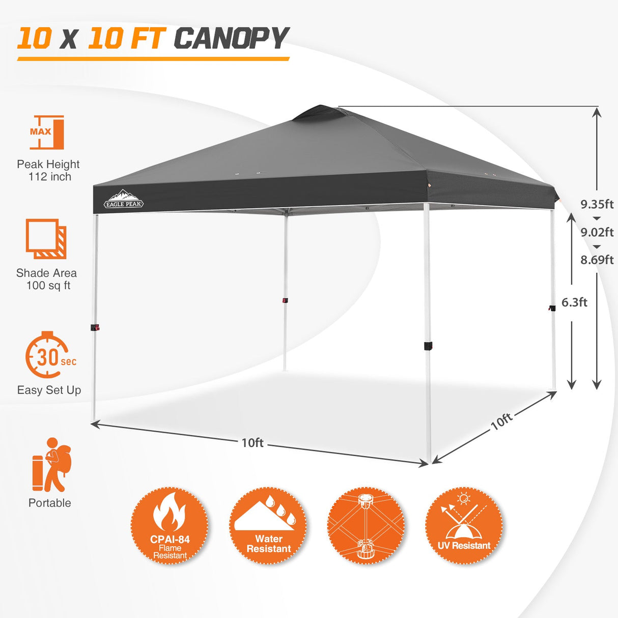 Easy Setup Straight Leg 10x10 Pop Up Canopy Tent w/ 100 sqft of Shade - Eagle Peak Custom Canopy Tent