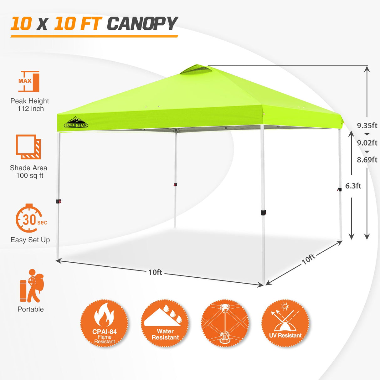 Easy Setup Straight Leg 10x10 Pop Up Canopy Tent w/ 100 sqft of Shade - Eagle Peak Custom Canopy Tent