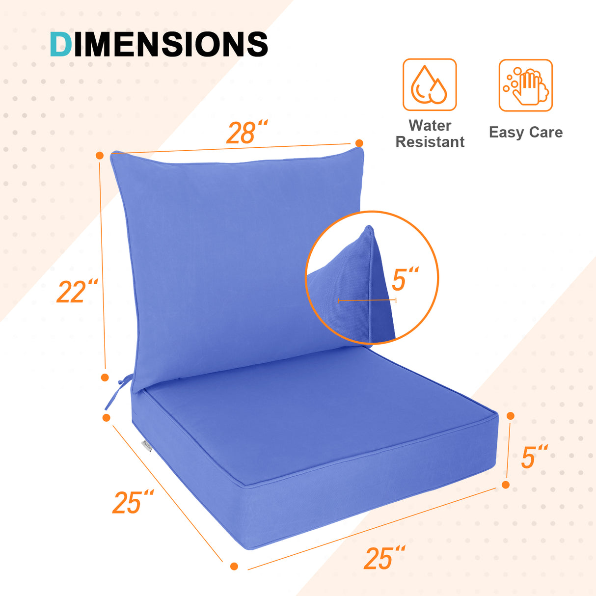 Outdoor Deep Seat Patio Seat Cushion Set, 25x25x5 inch, 2-Piece Back Chair Cushion