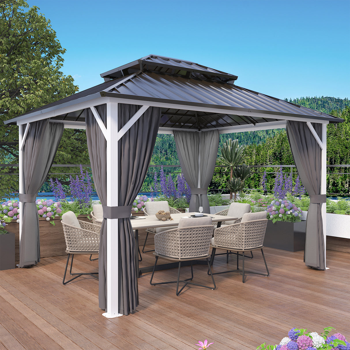 EAGLE PEAK Outdoor Aluminum Frame Galvanized Double Roof Gazebo, Includes Netting and Curtains