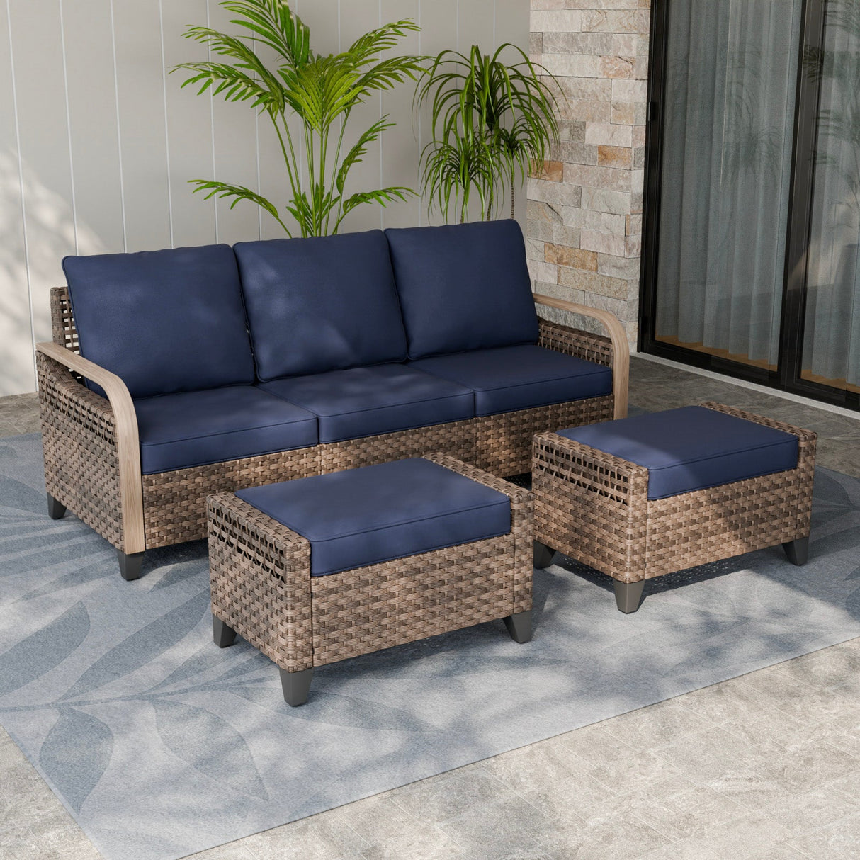 Modern Wicker 3 Piece Outdoor Patio Furniture Set, a 3 - Seat Loveseat and 2 Ottomans - Eagle Peak Custom Canopy Tent