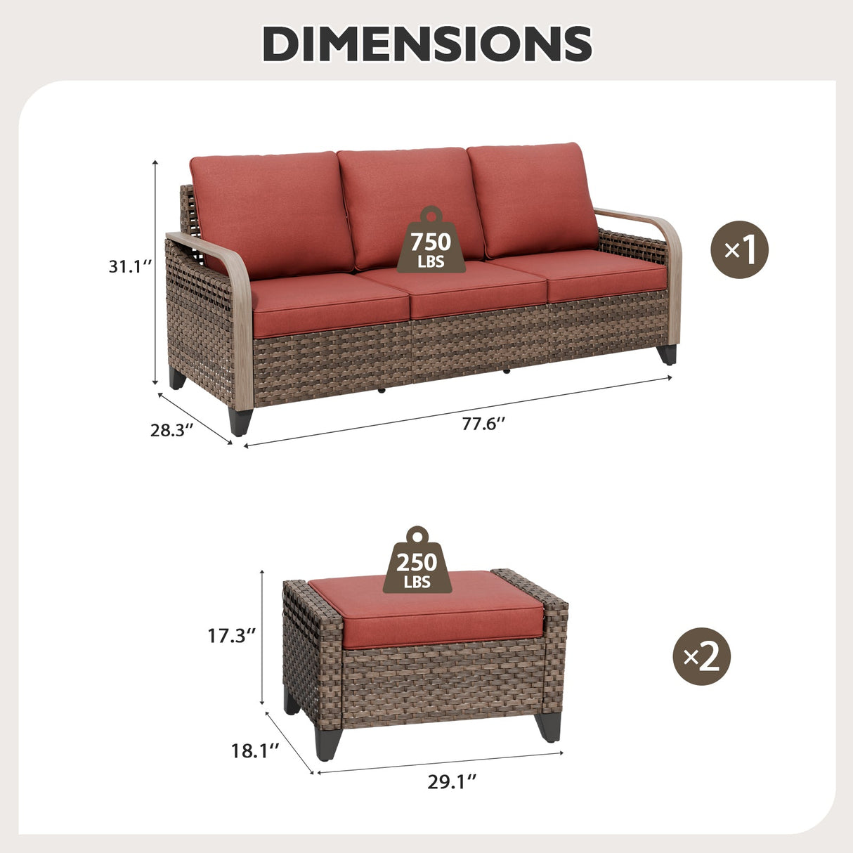 Modern Wicker 3 Piece Outdoor Patio Furniture Set, a 3 - Seat Loveseat and 2 Ottomans - Eagle Peak Custom Canopy Tent