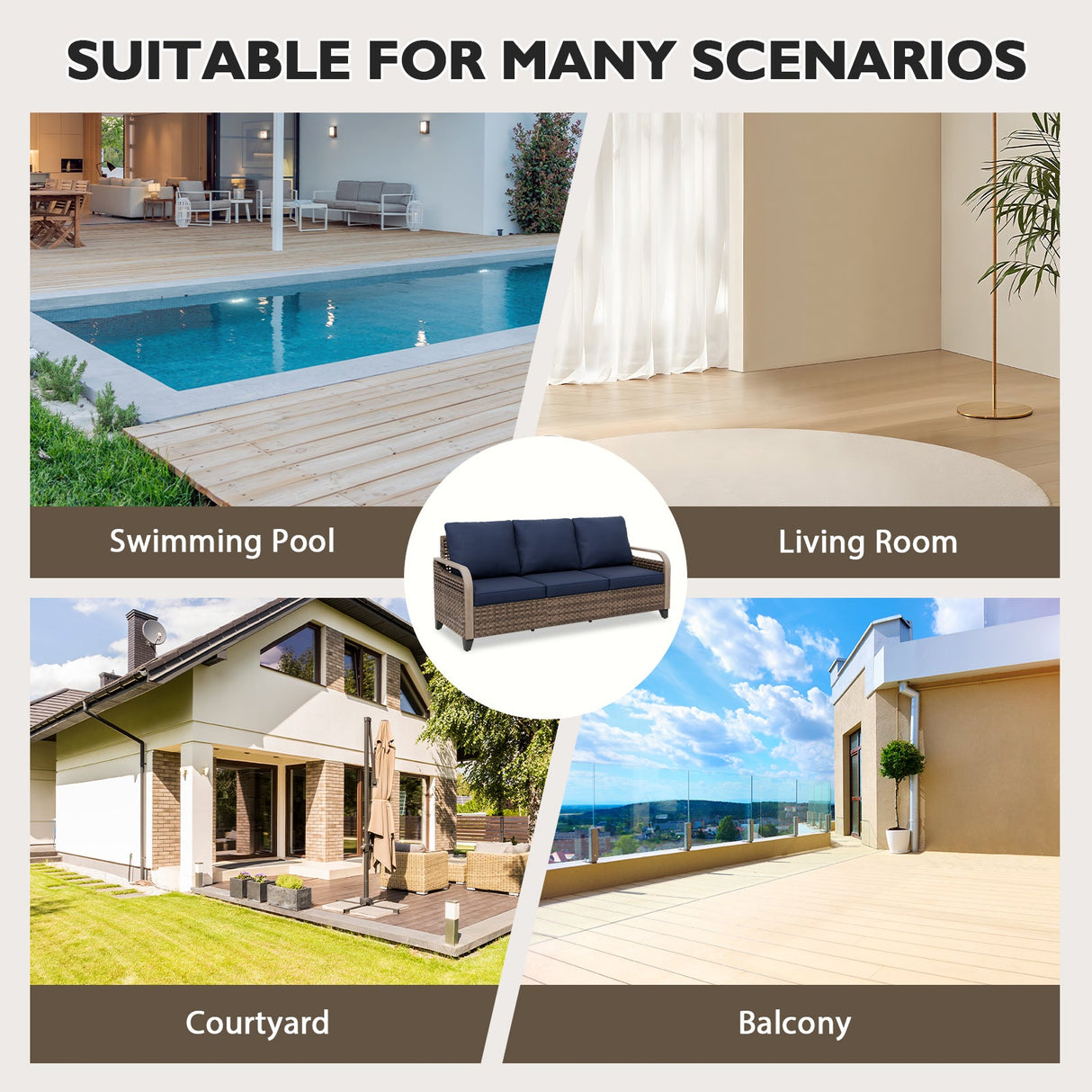 Modern Wicker 3 Piece Outdoor Patio Furniture Set, a 3 - Seat Loveseat and 2 Ottomans - Eagle Peak Custom Canopy Tent