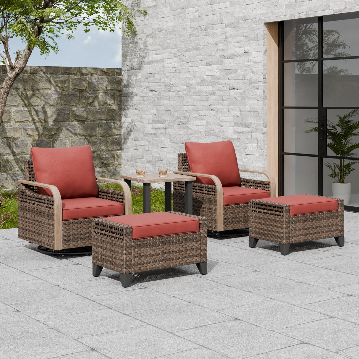 Modern Wicker 5 Piece Furniture Set w/ Swivel Rocking Chairs, Brown/Gray - Eagle Peak Custom Canopy Tent