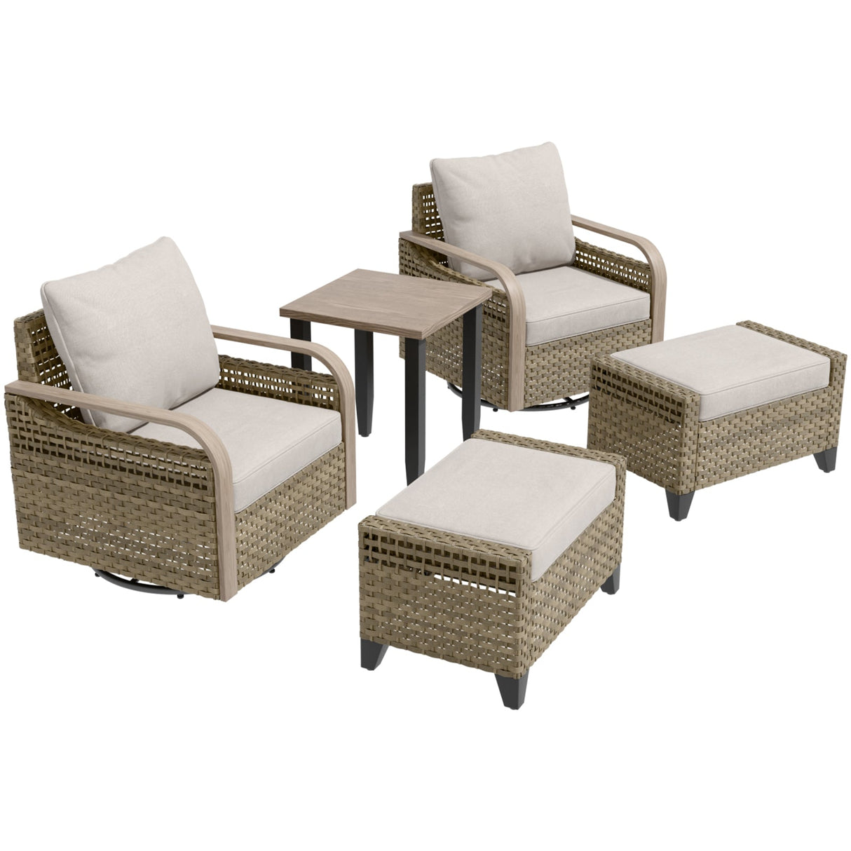 Modern Wicker 5 Piece Furniture Set w/ Swivel Rocking Chairs, Brown/Gray - Eagle Peak®