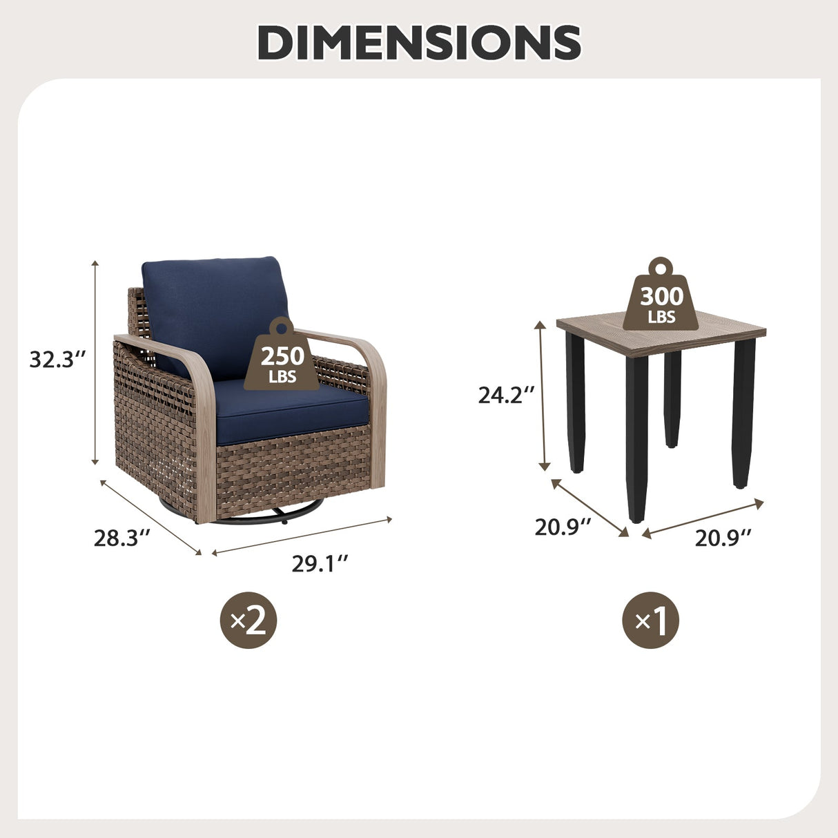 Modern Wicker Outdoor 3 Piece Wicker Swivel Rocking Chairs & Side Table, Brown/Gray - Eagle Peak Custom Canopy Tent