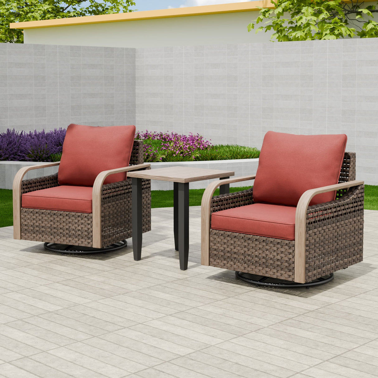 Modern Wicker Outdoor 3 Piece Wicker Swivel Rocking Chairs & Side Table, Brown/Gray - Eagle Peak Custom Canopy Tent
