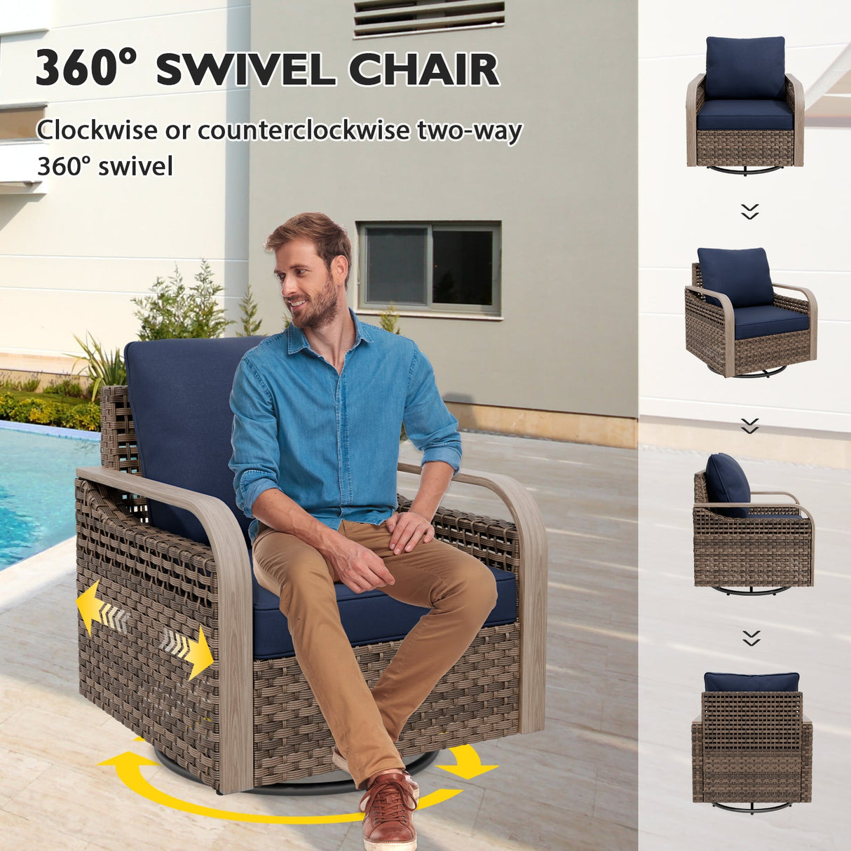 Modern Wicker Outdoor 3 Piece Wicker Swivel Rocking Chairs & Side Table, Brown/Gray - Eagle Peak Custom Canopy Tent