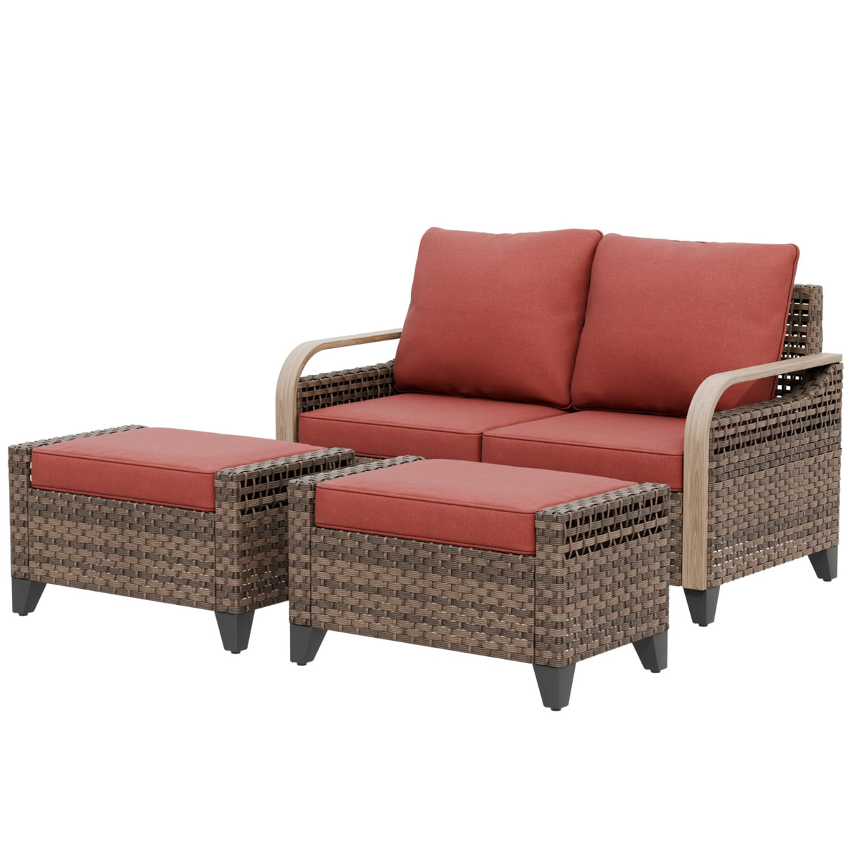 Modern Wicker Outdoor 3 Pieces Patio Furniture Set, 2-Seat Loveseat and 2 Ottoman - Eagle Peak®
