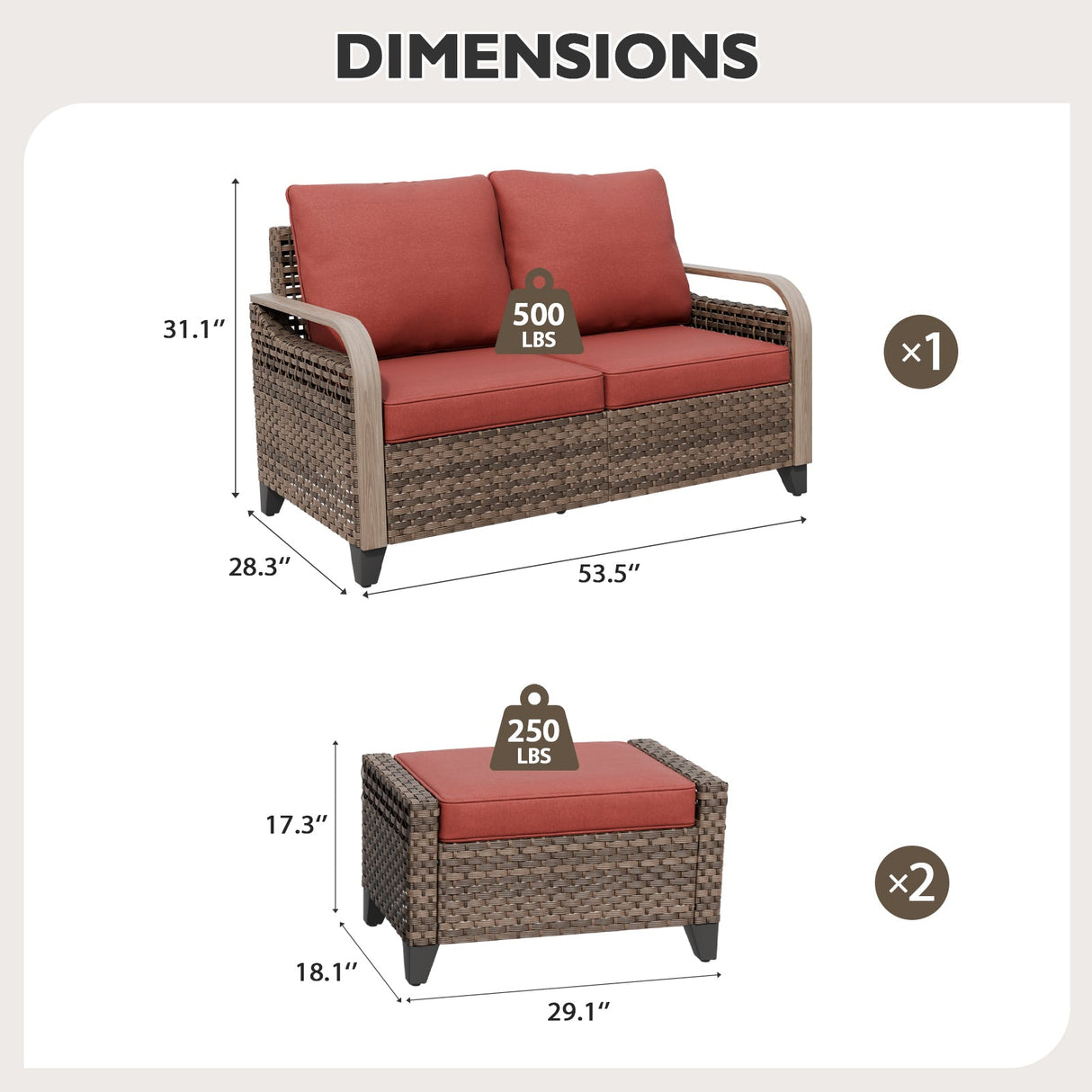 Modern Wicker Outdoor 3 Pieces Patio Furniture Set, 2 - Seat Loveseat and 2 Ottoman - Eagle Peak Custom Canopy Tent