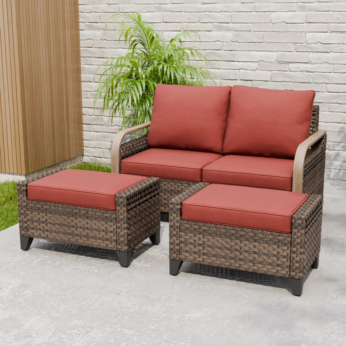 Modern Wicker Outdoor 3 Pieces Patio Furniture Set, 2 - Seat Loveseat and 2 Ottoman - Eagle Peak Custom Canopy Tent