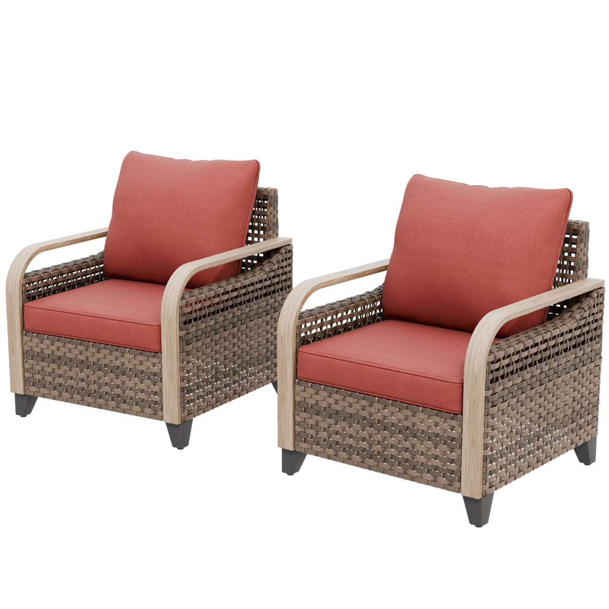 Modern Wicker Outdoor Chair, Patio Chair Curved Armrest, 2 Chairs, Brown/Gray - Eagle Peak®