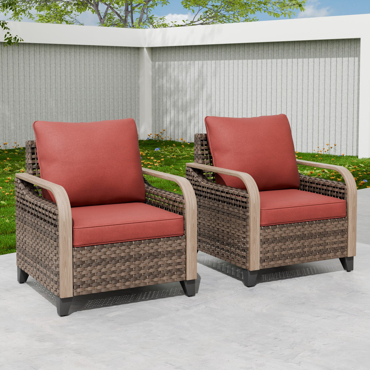 Modern Wicker Outdoor Chair, Patio Chair Curved Armrest, 2 Chairs, Brown/Gray - Eagle Peak Custom Canopy Tent