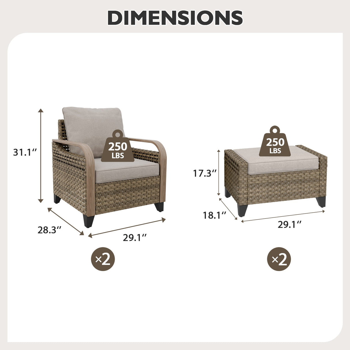 Modern Wicker Outdoor Chair,2 Chairs 2 Ottomans, 4 Pieces, Brown/Gray - Eagle Peak Custom Canopy Tent