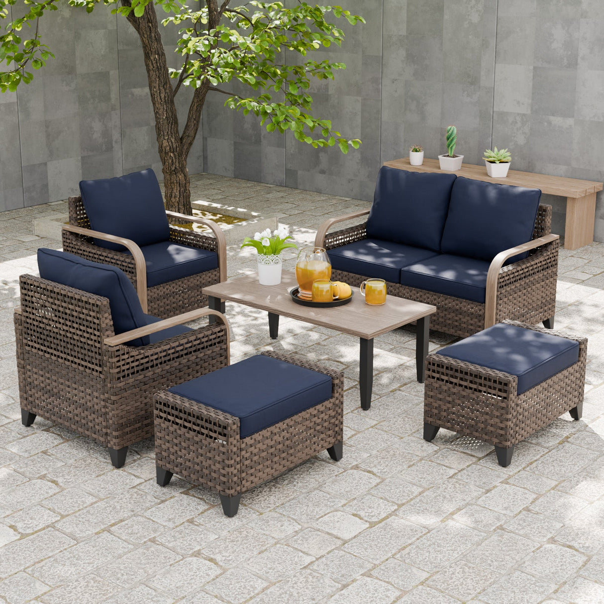Modern Wicker Outdoor Furniture Set, 2 Patio Chairs, 2 - Seat Loveseat, 2 Ottomans and Coffee Table, 6 Pieces, Brown/Gray - Eagle Peak Custom Canopy Tent