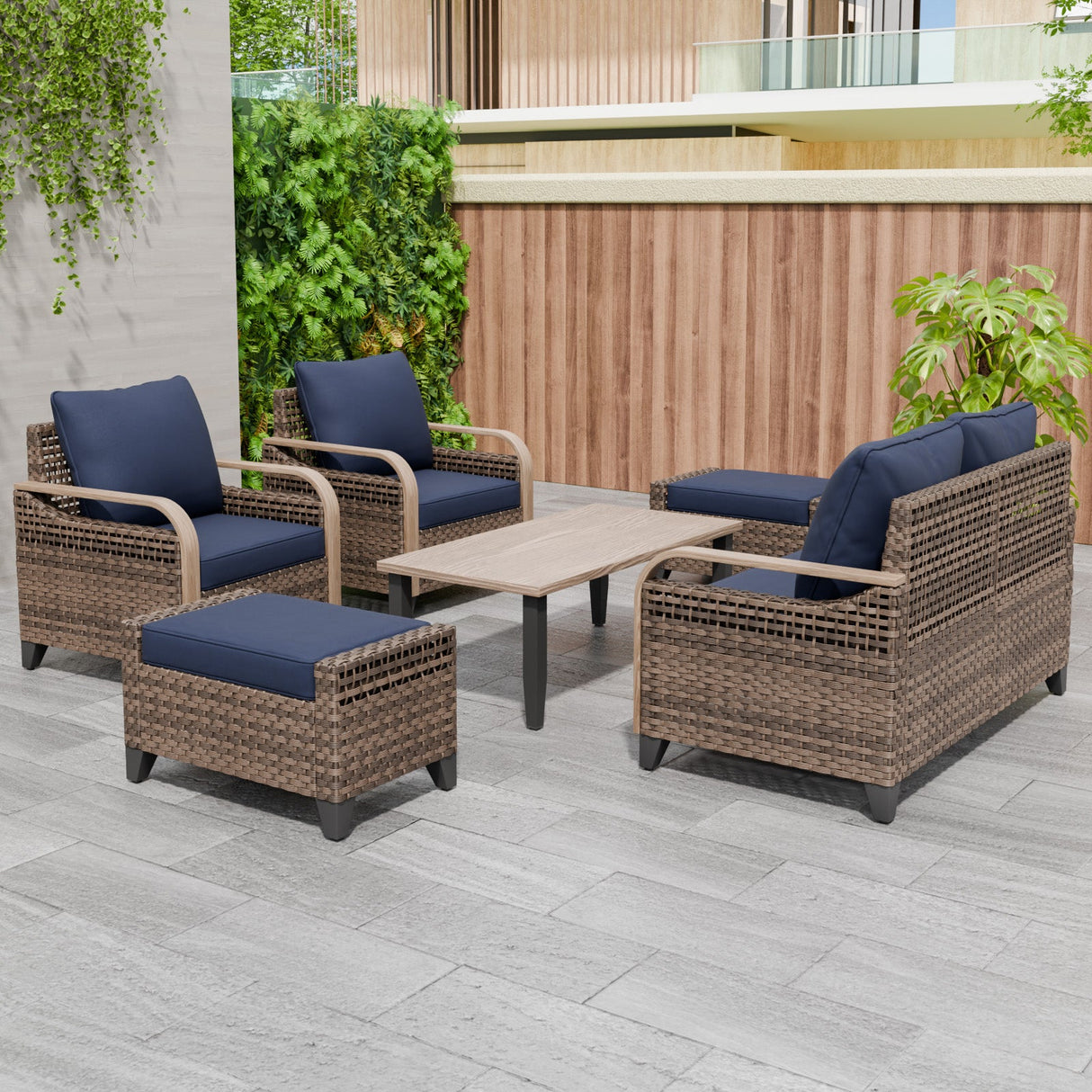 Modern Wicker Outdoor Furniture Set, 2 Patio Chairs, 2 - Seat Loveseat, 2 Ottomans and Coffee Table, 6 Pieces, Brown/Gray - Eagle Peak Custom Canopy Tent