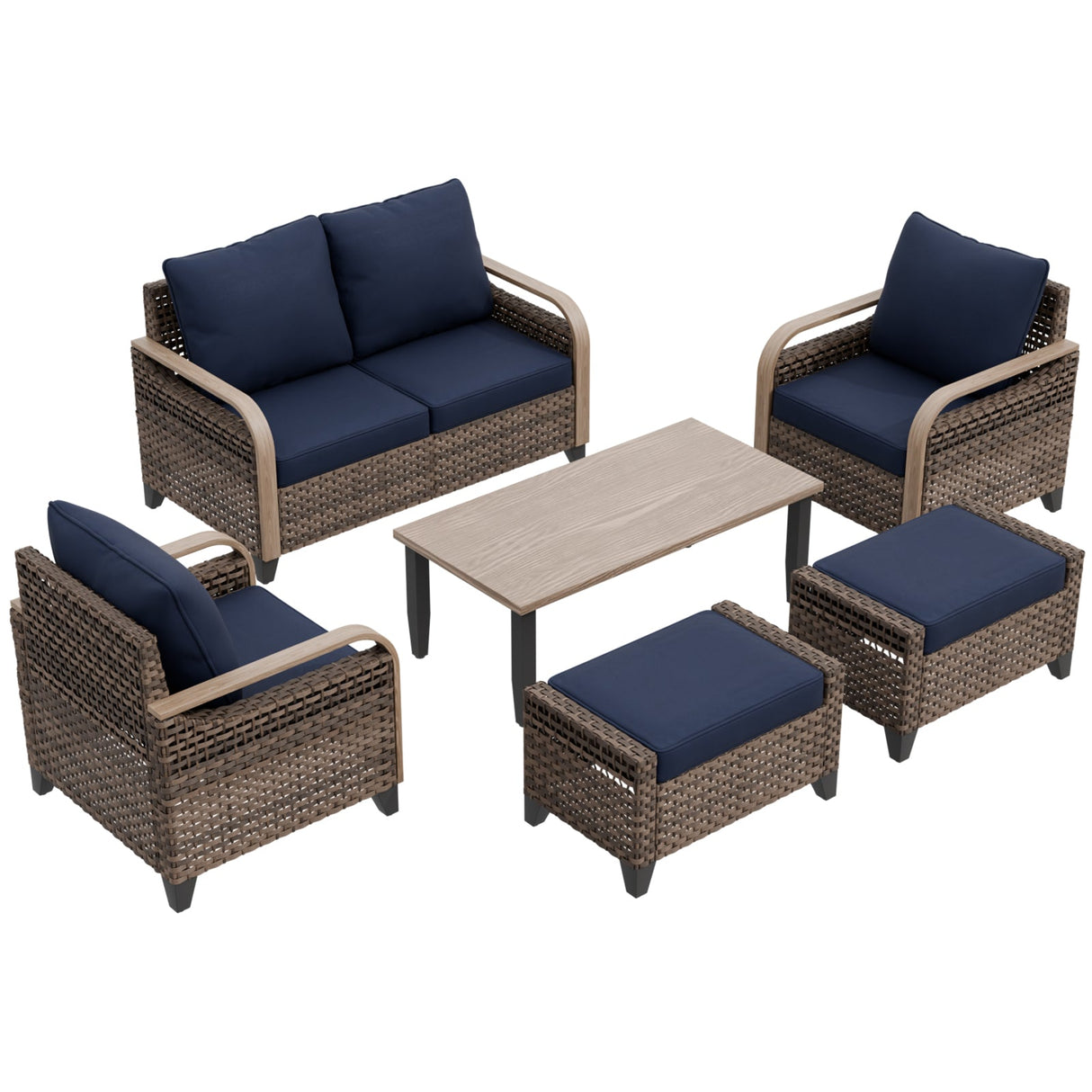 Modern Wicker Outdoor Furniture Set, 2 Patio Chairs, 2 - Seat Loveseat, 2 Ottomans and Coffee Table, 6 Pieces, Brown/Gray - Eagle Peak Custom Canopy Tent