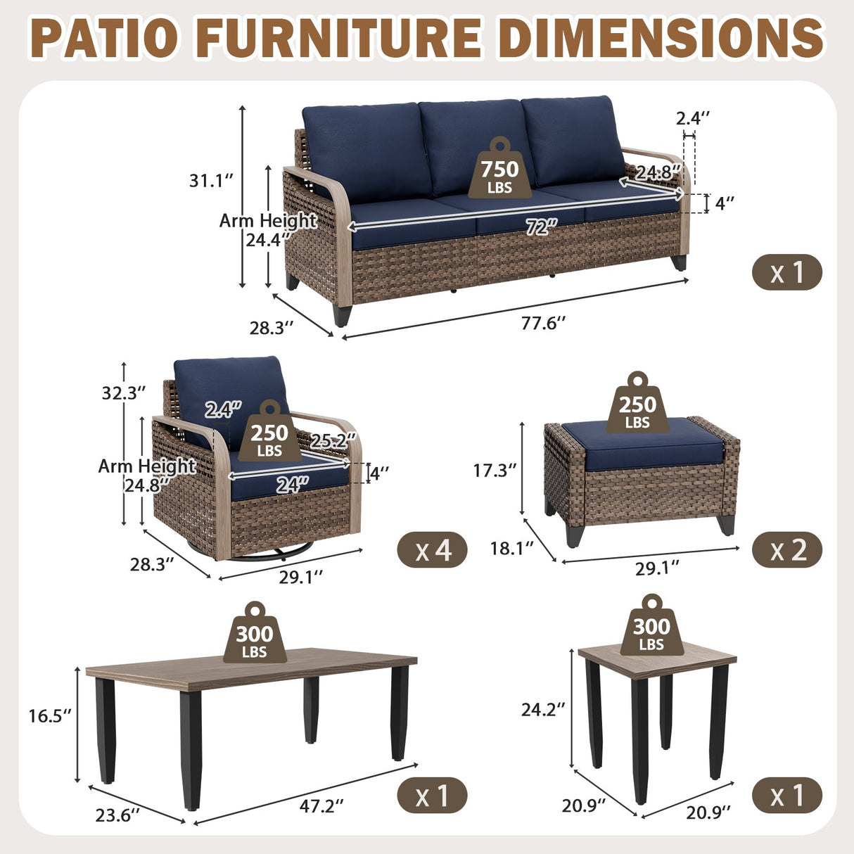 Modern Wicker Outdoor Furniture Set,4 Swivel Rocker Chairs, 3-Seat Loveseat, 2 Ottomans, Coffee Table and Side Table, 9 Pieces, Brown/Gray - Eagle Peak®