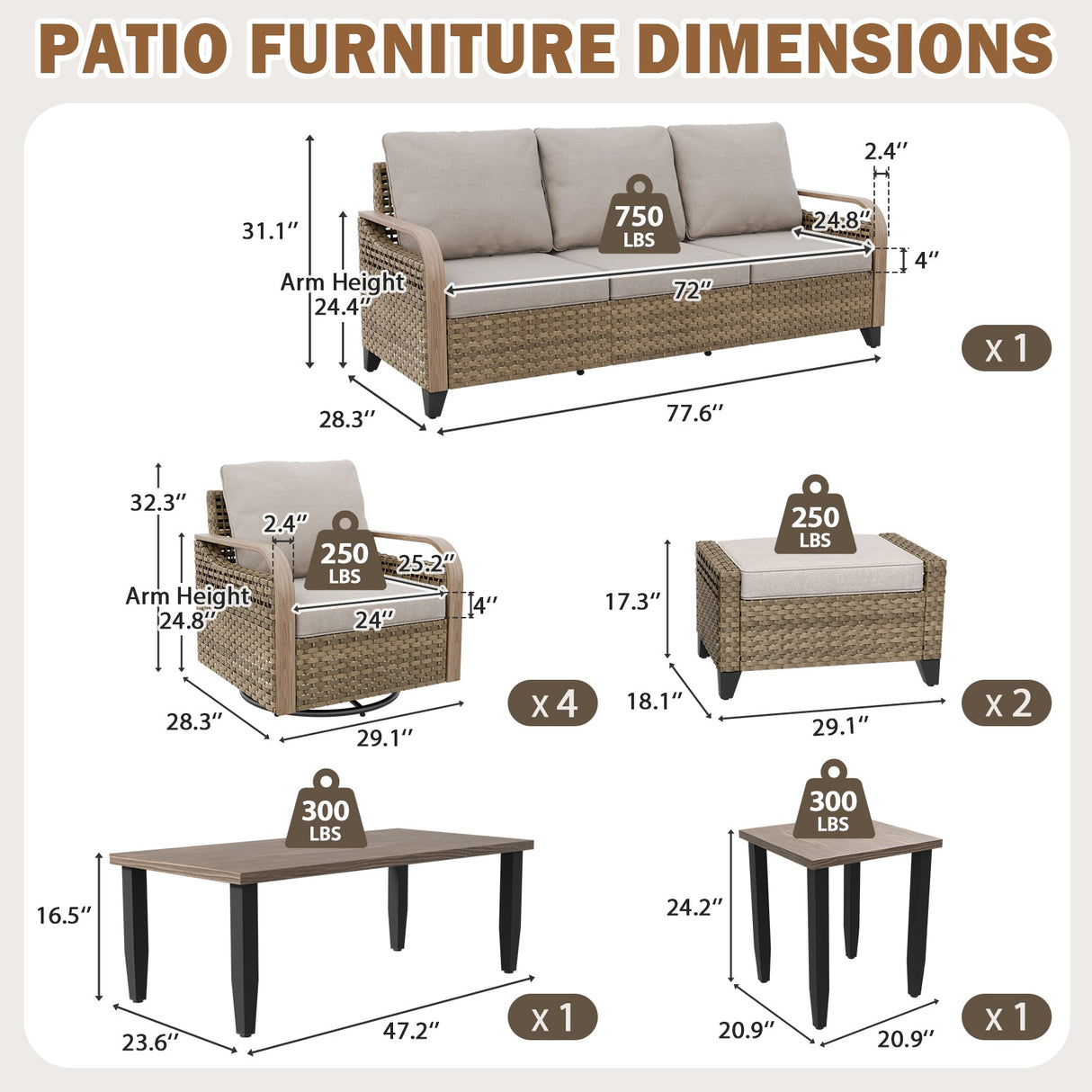 Modern Wicker Outdoor Furniture Set,4 Swivel Rocker Chairs, 3-Seat Loveseat, 2 Ottomans, Coffee Table and Side Table, 9 Pieces, Brown/Gray - Eagle Peak®