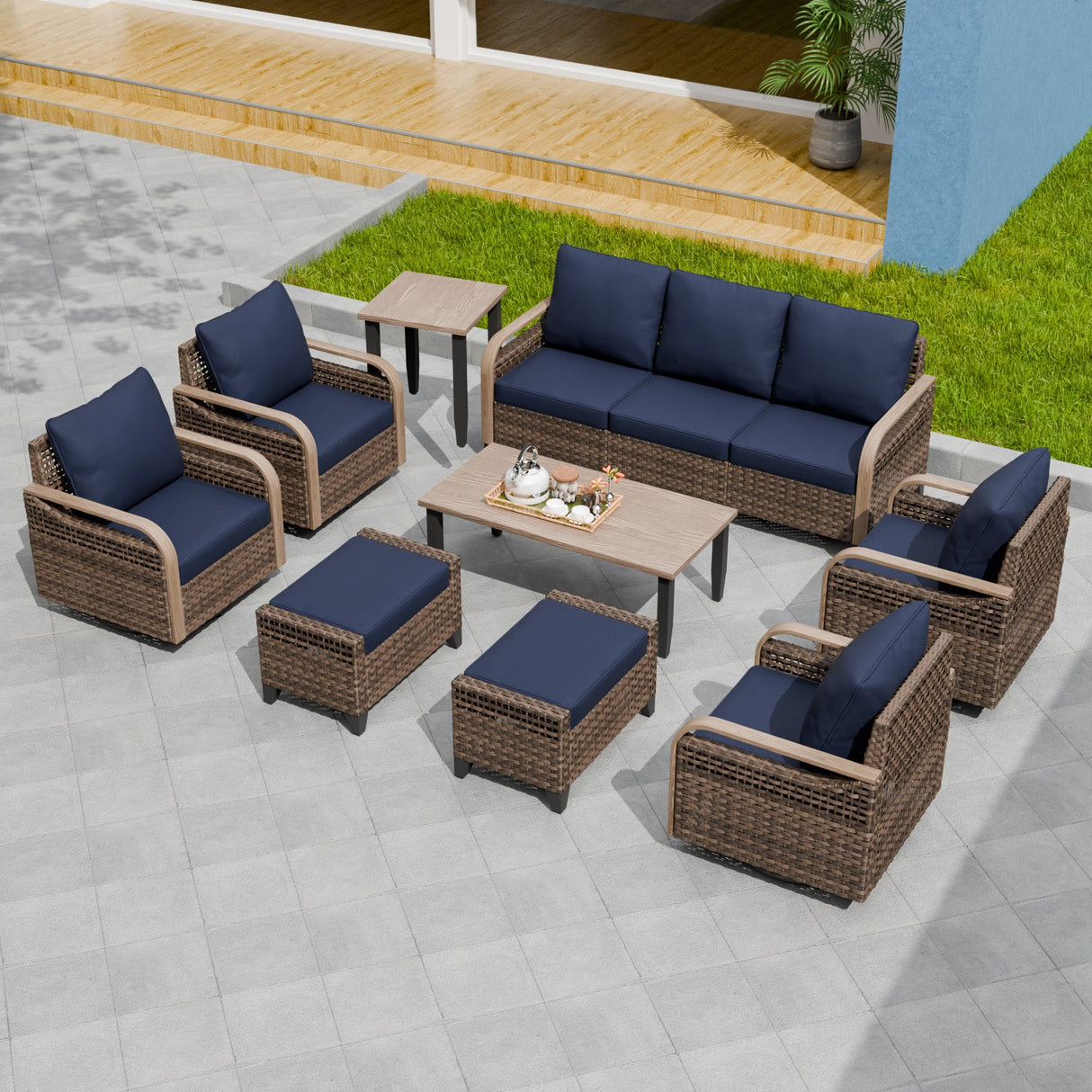 Modern Wicker Outdoor Furniture Set,4 Swivel Rocker Chairs, 3 - Seat Loveseat, 2 Ottomans, Coffee Table and Side Table, 9 Pieces, Brown/Gray - Eagle Peak Custom Canopy Tent