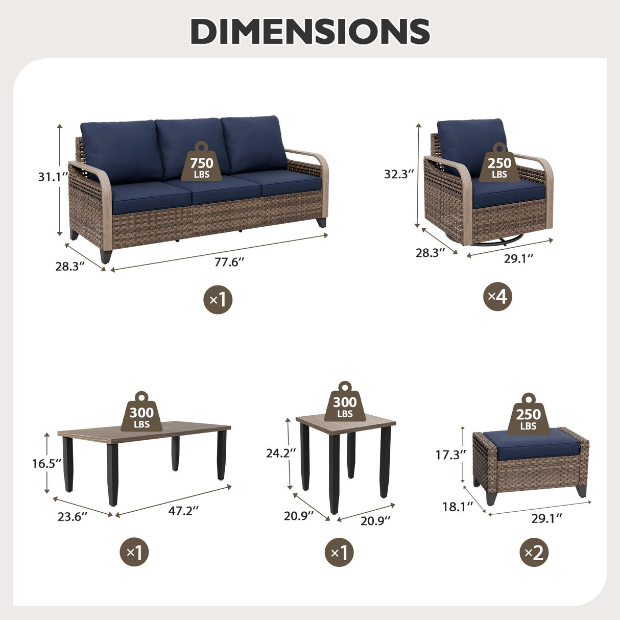 Modern Wicker Outdoor Furniture Set,4 Swivel Rocker Chairs, 3 - Seat Loveseat, 2 Ottomans, Coffee Table and Side Table, 9 Pieces, Brown/Gray - Eagle Peak Custom Canopy Tent