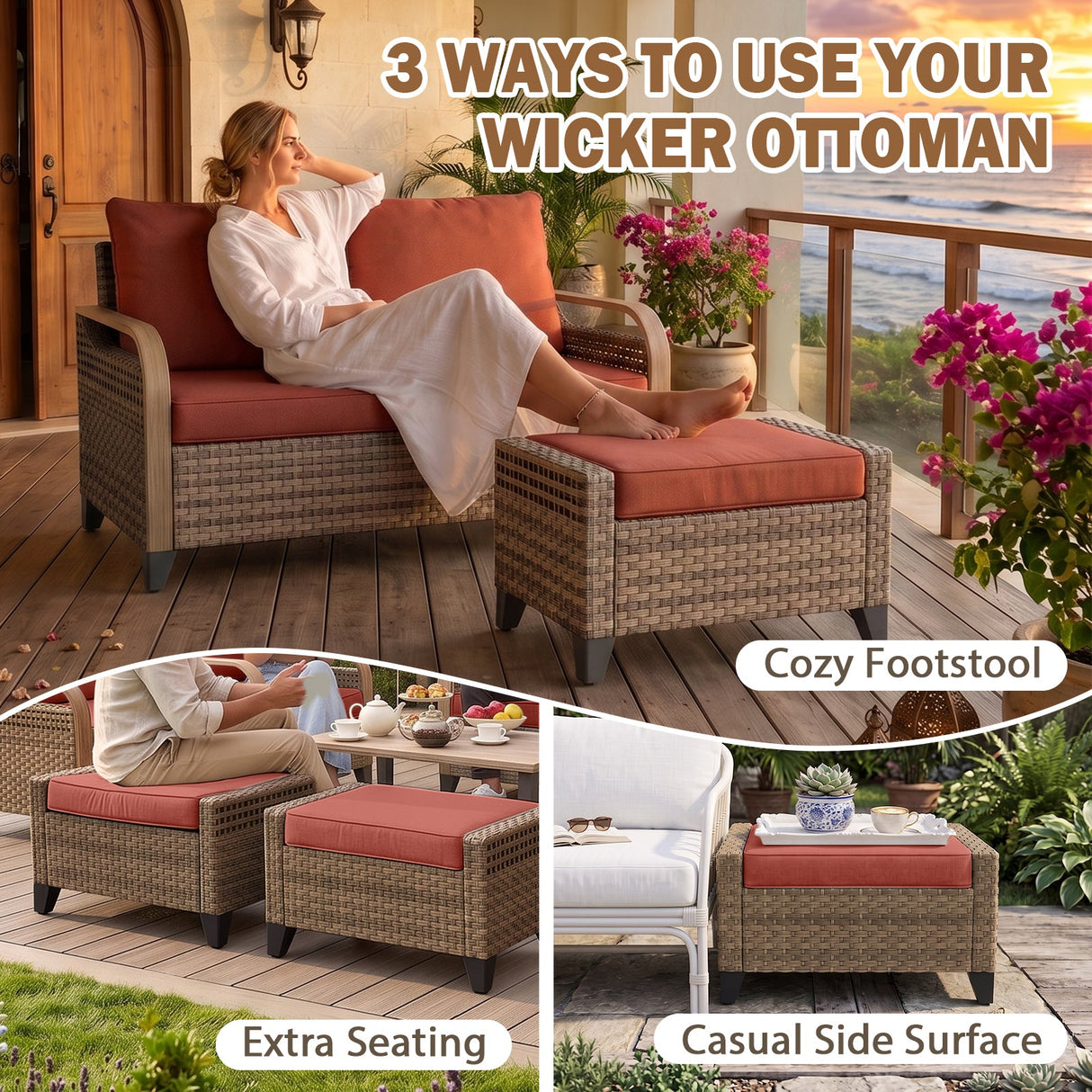 Modern Wicker Outdoor Furniture Set,4 Swivel Rocker Chairs, 3-Seat Loveseat, 2 Ottomans, Coffee Table and Side Table, 9 Pieces, Brown/Gray - Eagle Peak®