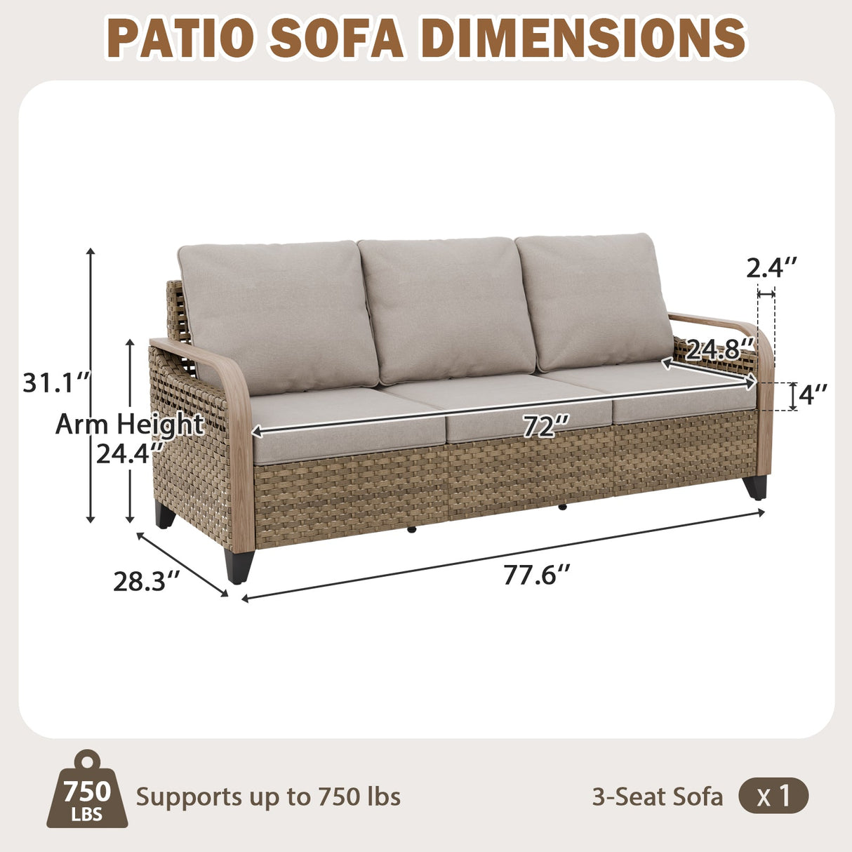 Modern Wicker Outdoor Patio 3 Seat Sofa, Brown/Gray - Eagle Peak®