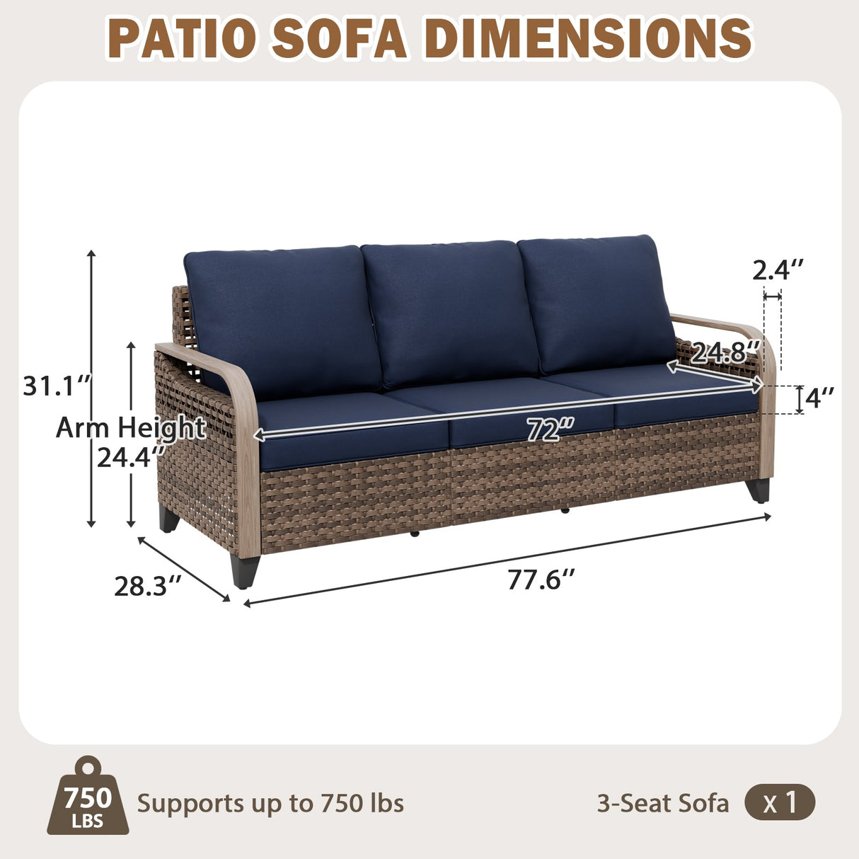 Modern Wicker Outdoor Patio 3 Seat Sofa, Brown/Gray - Eagle Peak®